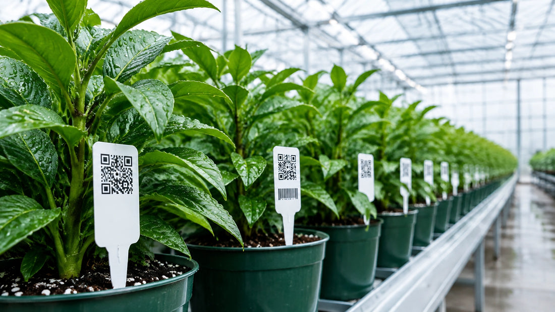 QR-coded plant tags displayed on healthy nursery plants inside a bright greenhouse