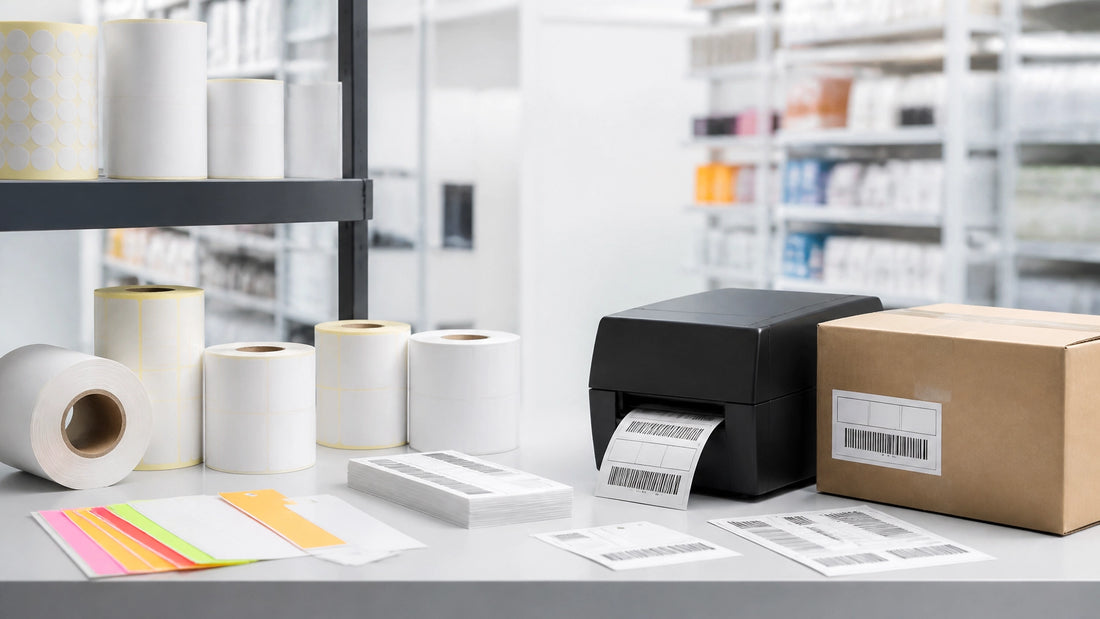 Organized retail label rolls and pricing tag supplies at a professional operations workstation