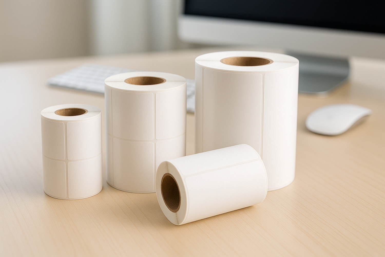 blank label rolls in different widths sitting on a desk in an office